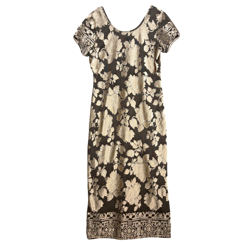 C.W. Rose Vintage Metallic Beige Black Floral Maxi Dress Sz 14 Whimsigoth Winter